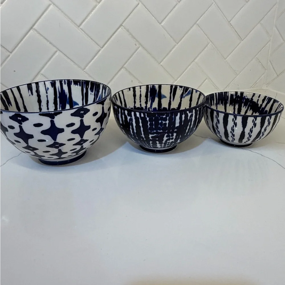 West Elm Indigo and White Ceramic Bowl Trio